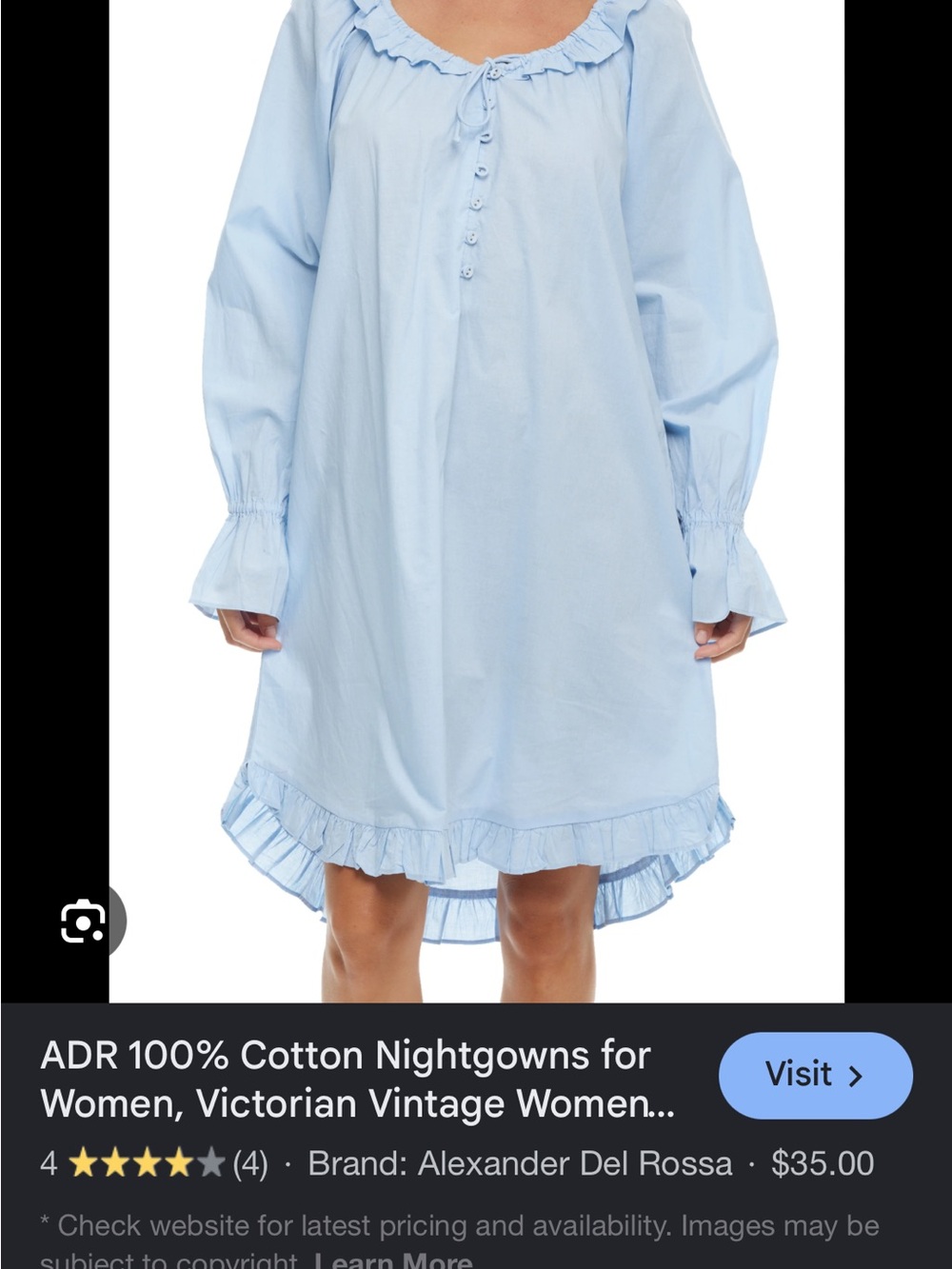 Alexander Del Rossa Women's Light Blue Cotton Ruffle Nightgown